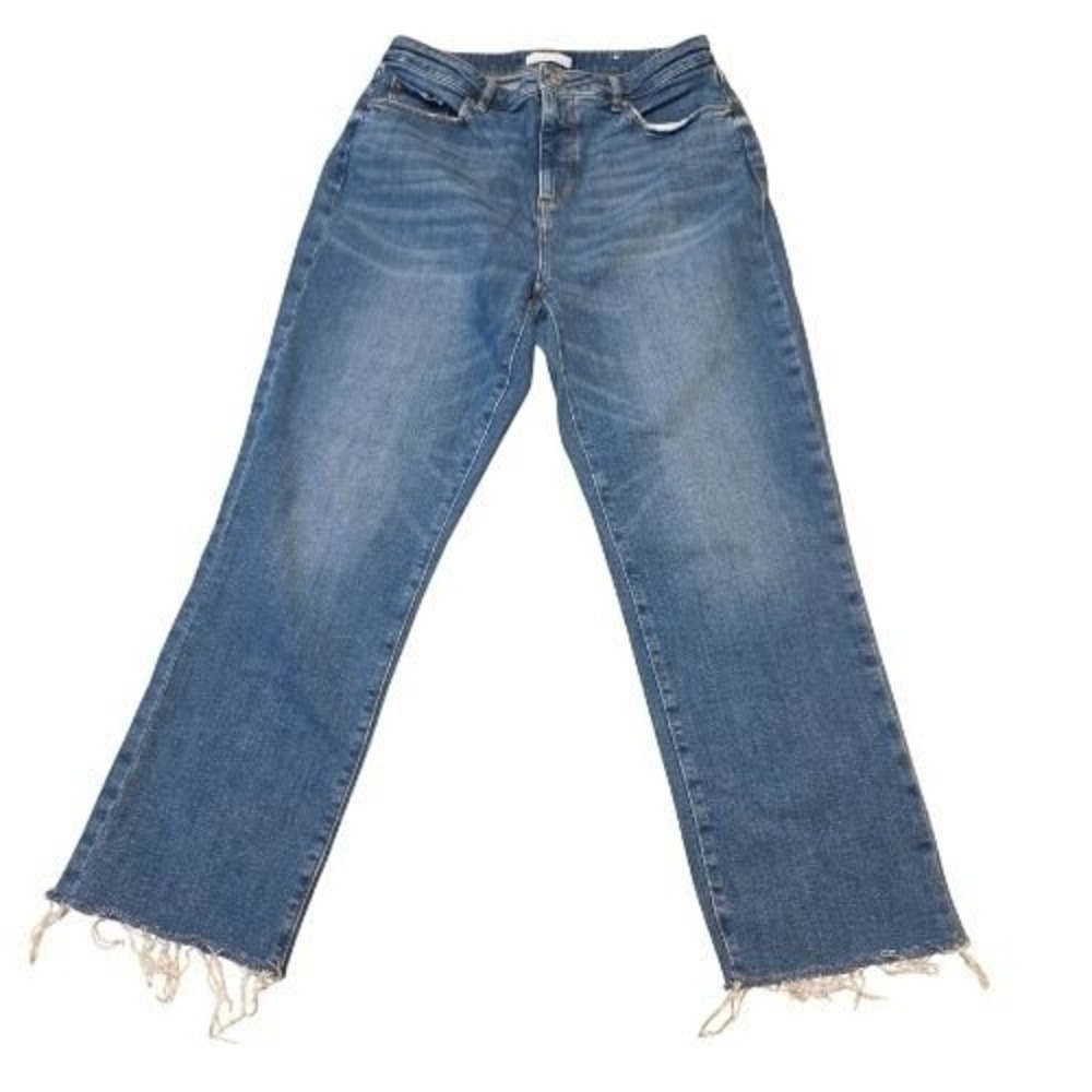 LOFT Size 8/29 The Curvy Straight Crop Jeans Blue Denim‎ Distressed Raw Hem